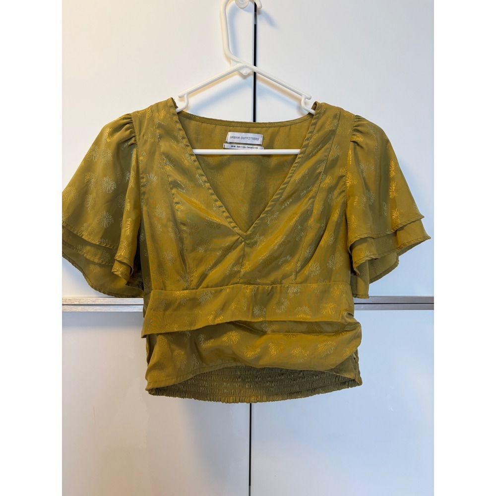 Urban Outfitters Chartreuse Satin Jacquard Flutter Sleeve Smocked Crop Top M